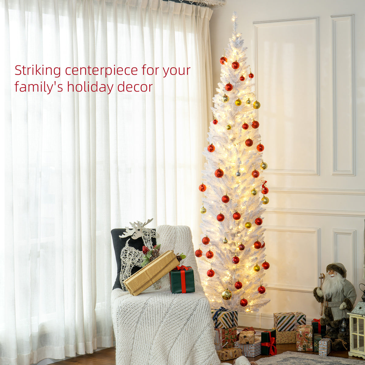HOMCOM 8-Foot Pre-Lit Slim Noble Fir Artificial Christmas Tree, 300 Warm White LED Lights