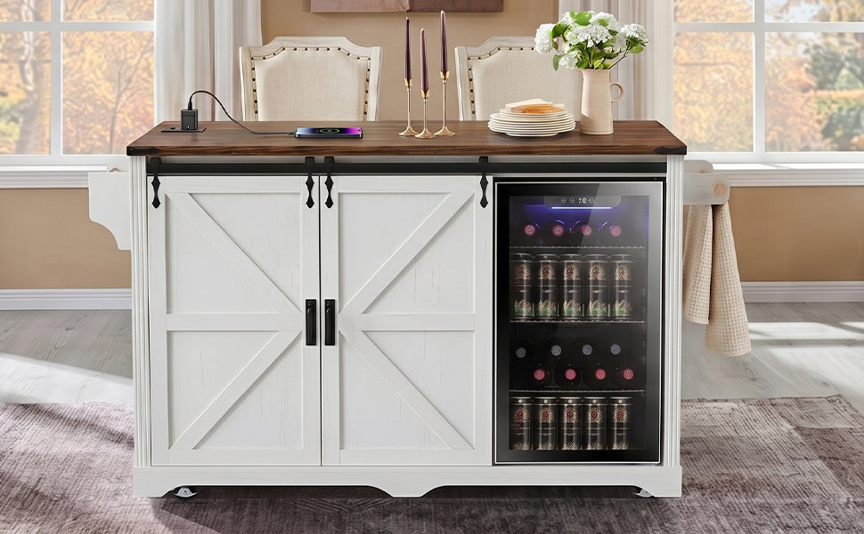 K&K 72" Farmhouse Kitchen Island with Fridge Storage