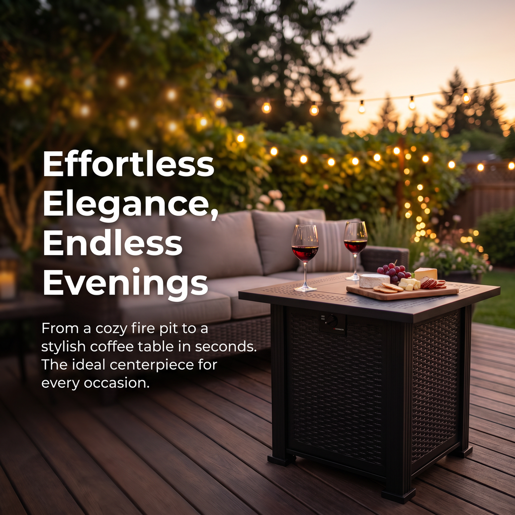 27.95-Inch Modern Outdoor Fire Pit Table with Lava Rocks, Black Steel