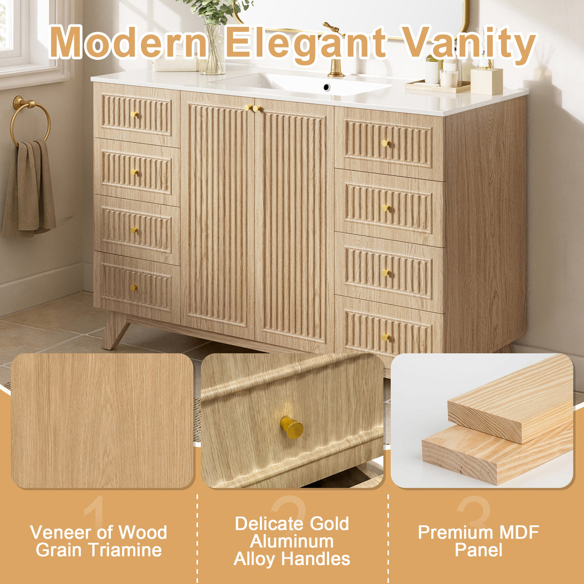 [Video]47.56" Freestanding Single-Sink Bathroom Vanity with SMC Top, MDF Cabinet, 8 Drawers, 2 Soft-Close Doors and Gold-Tone Aluminum Alloy Handles