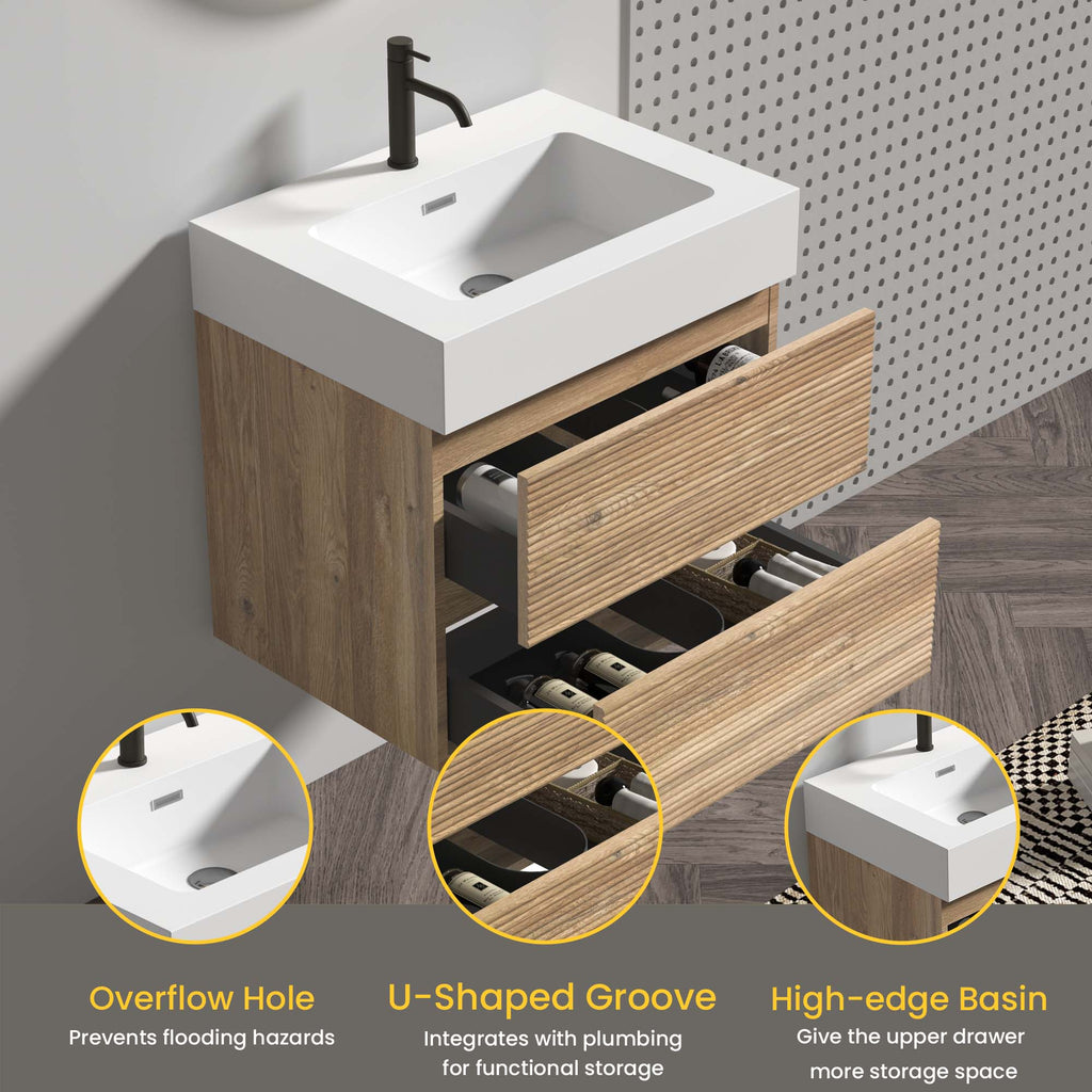 Grace 24-Inch Wall-Mounted Bathroom Vanity, Oak and Glossy White