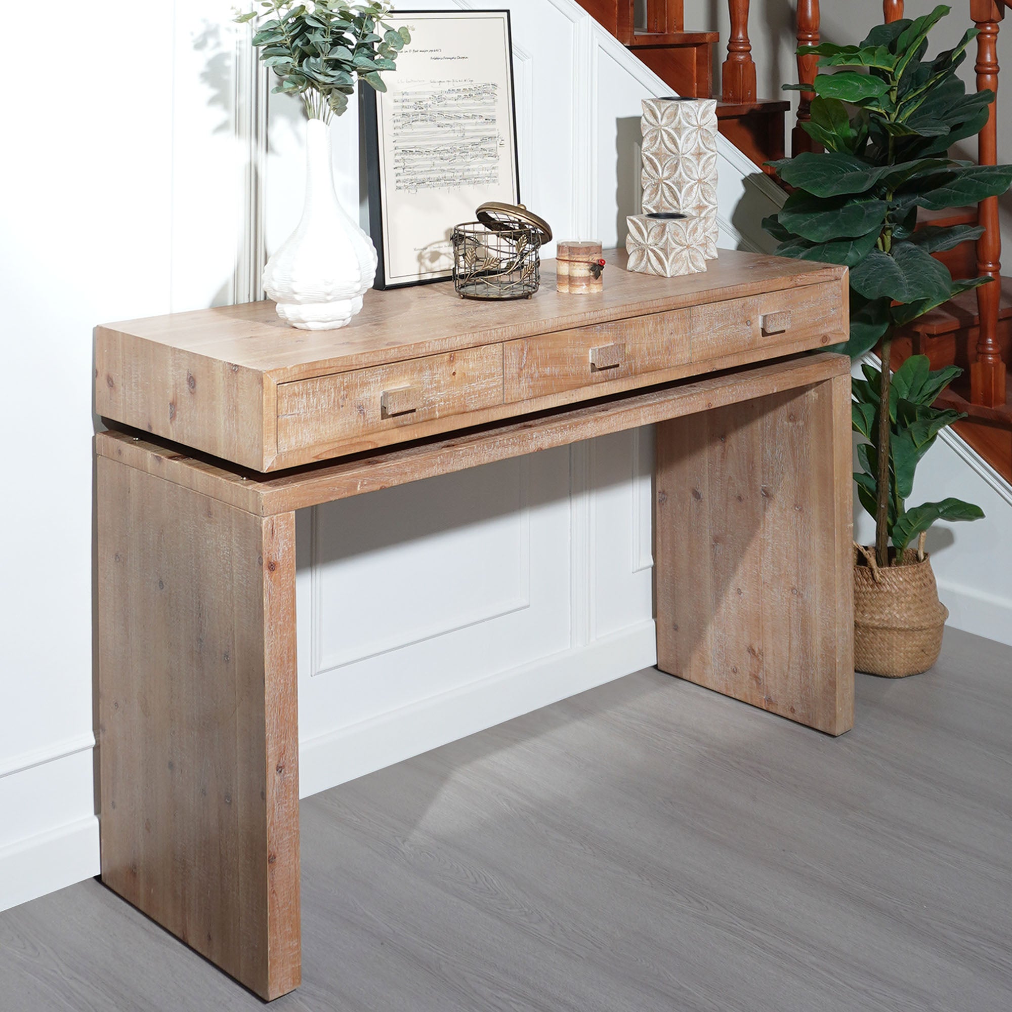 Rustic Wooden Console Table with 3 Drawers
