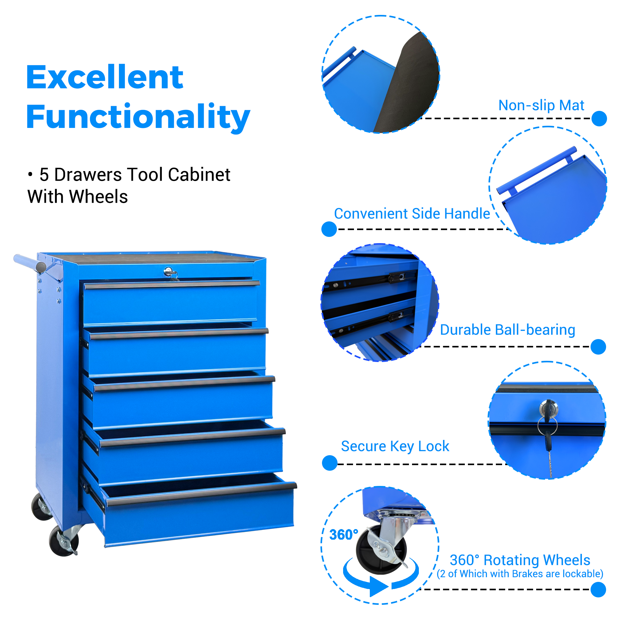 Rolling Metal Tool Chest with 5 Drawers