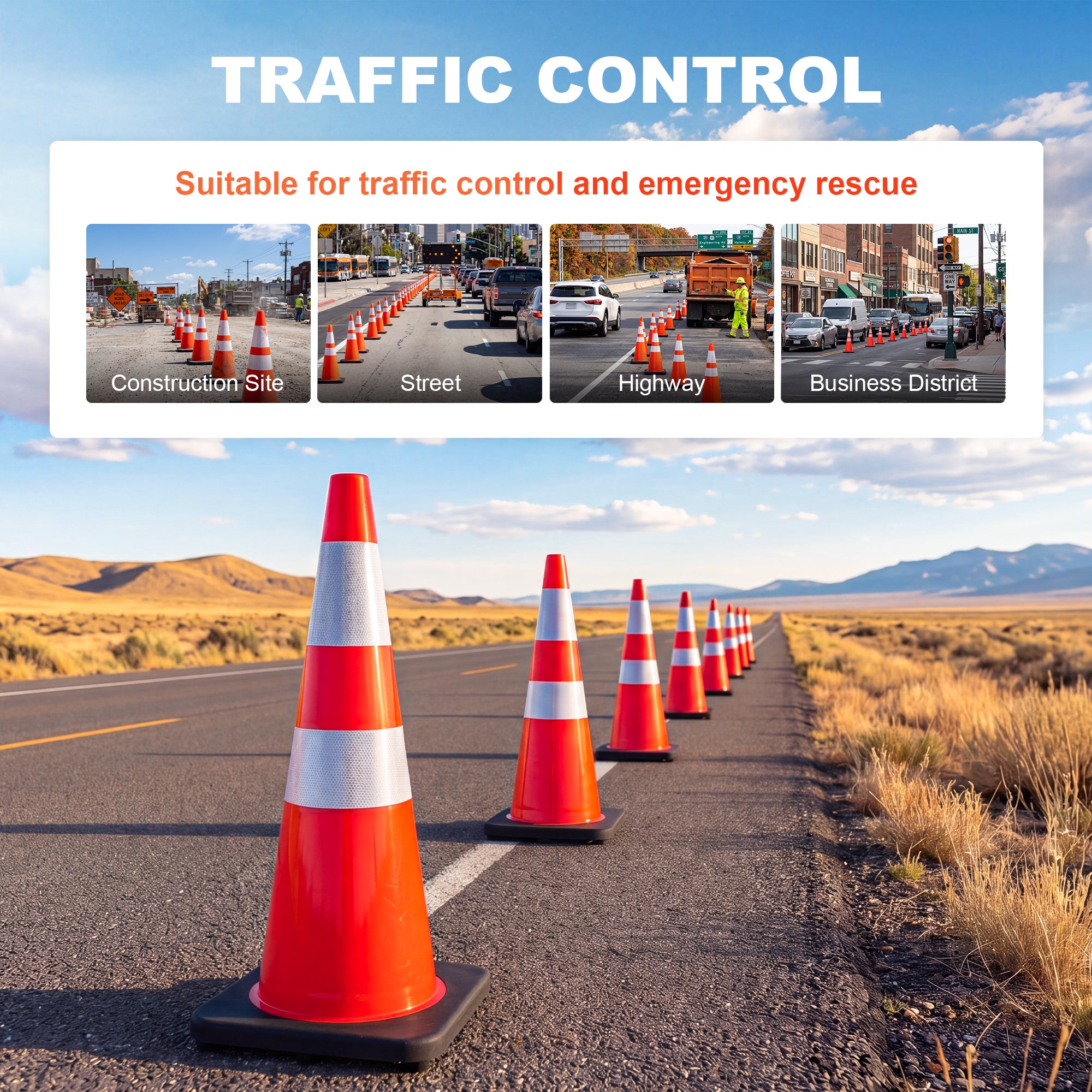 36" Heavy-Duty Traffic Cones with Reflective Collars - 4 Pack