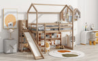 Twin Size Wood House Loft Bed with Slide, Storage Shelves and Light