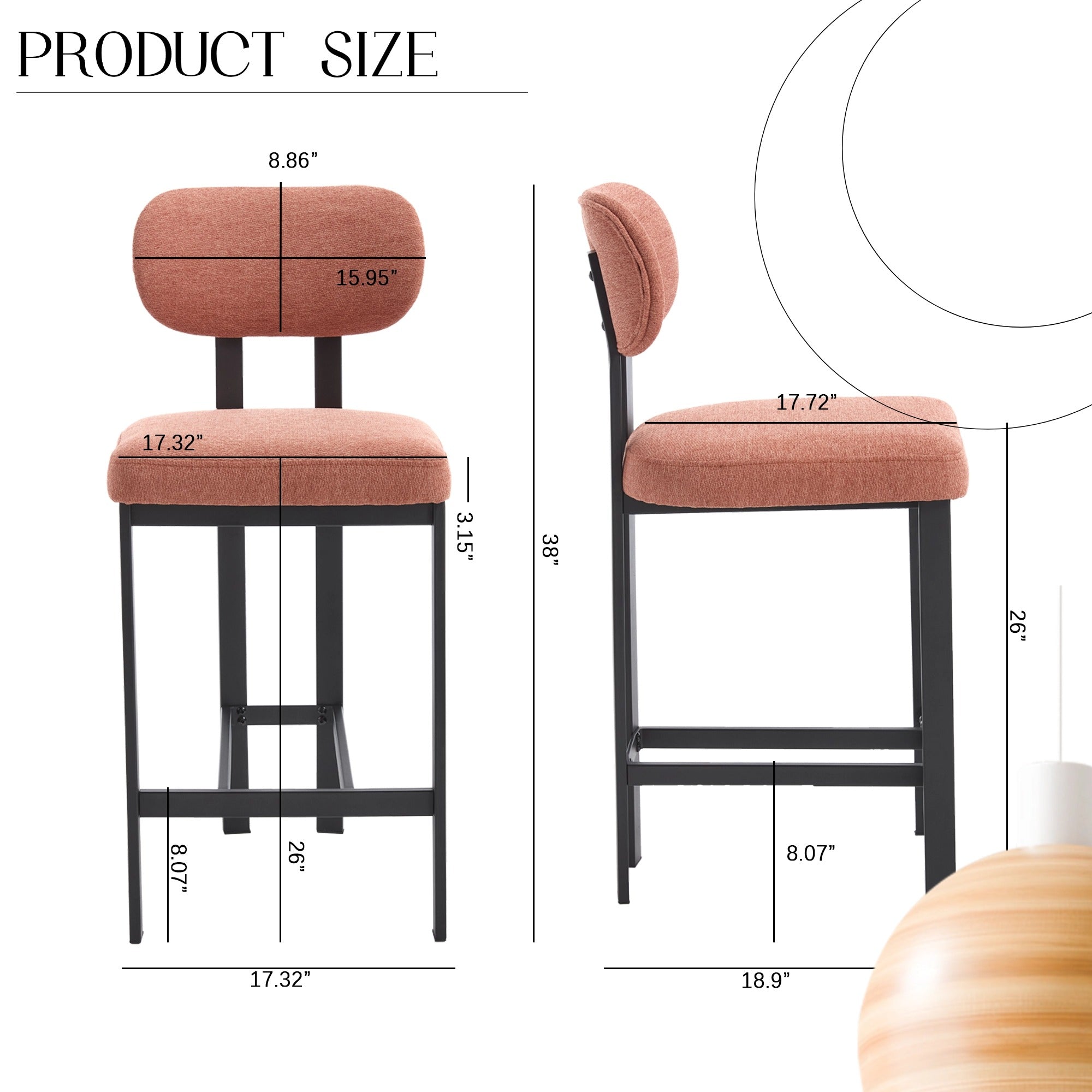 Bar Stools Set of 2, 26 Inch Modern Upholstered Fabric Counter Height Barstools