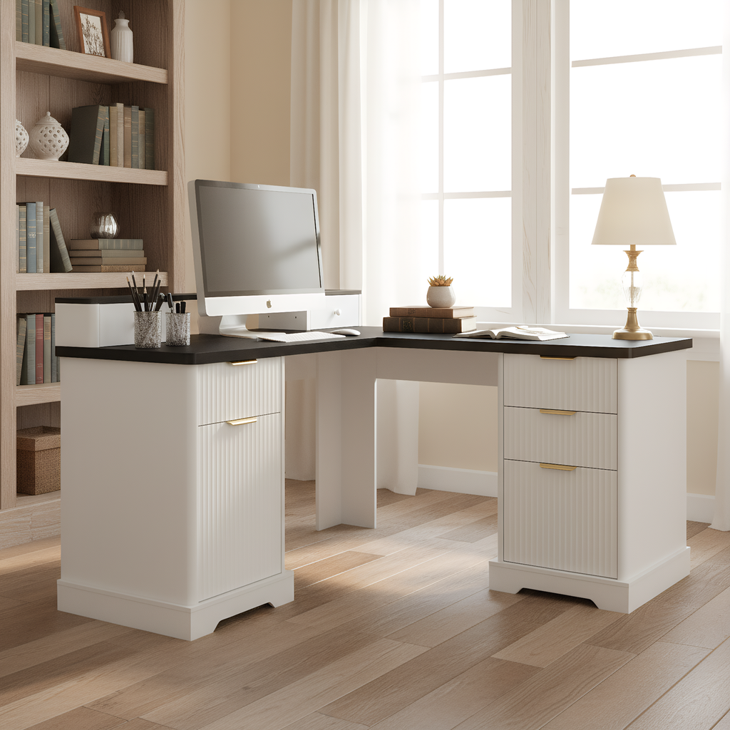 Modern Fluted L-Shaped Desk with Charging Station