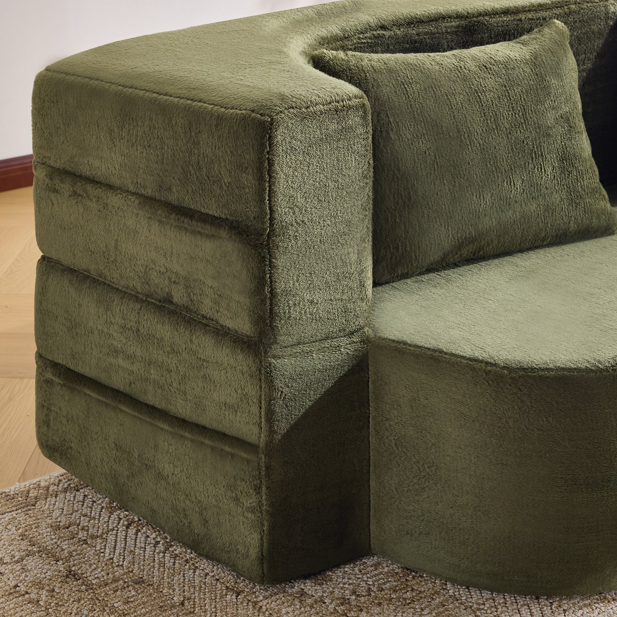 71-Inch Folding Sofa Bed in Green Plush Faux Fur
