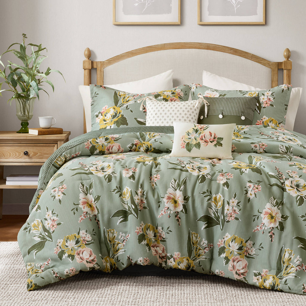 7-Piece Queen Vin Floral Comforter Set, Green, Reversible