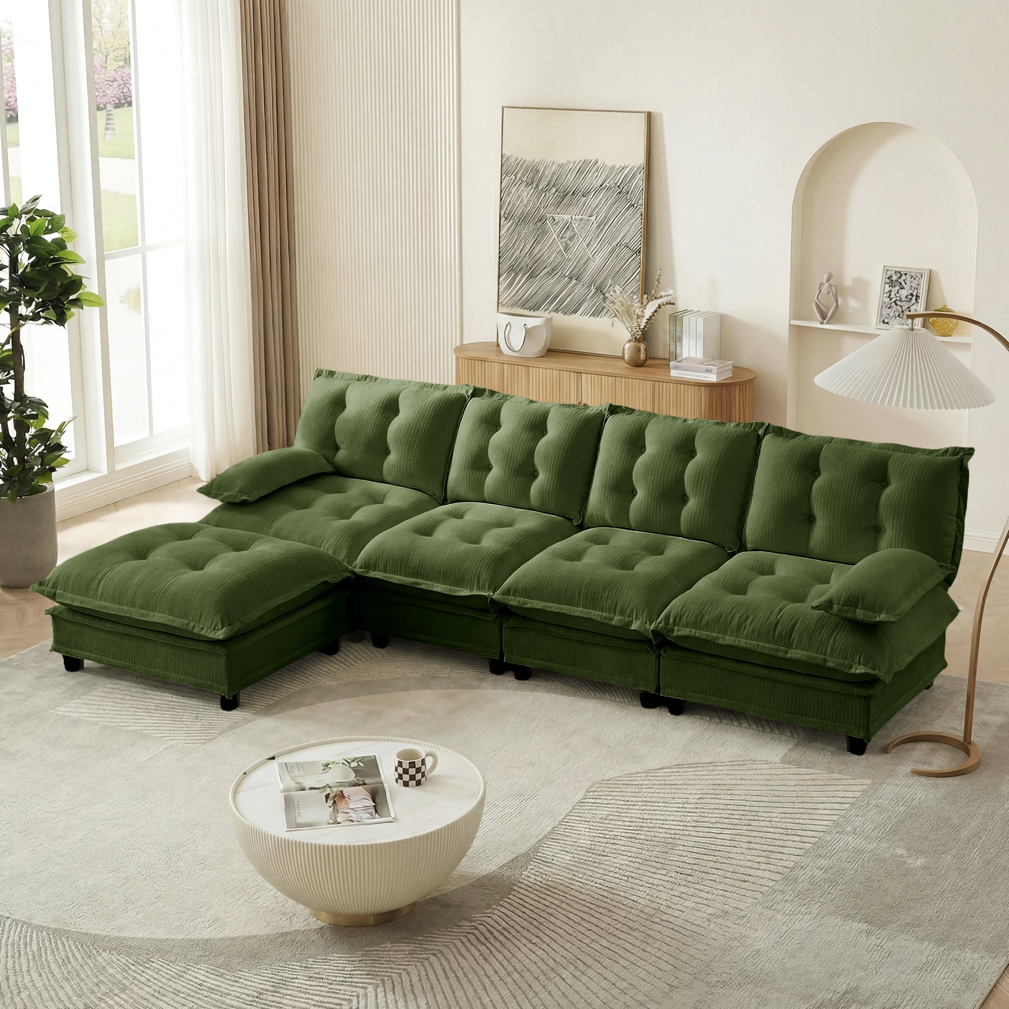138" L Shaped Modern Sofa Modular Sectional Cloud Couch with Ottoman