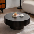 Round Coffee Table Handcrafted Relief Sturdy Pedestal Wooden Olive-Shaped Tea Table for Living Room