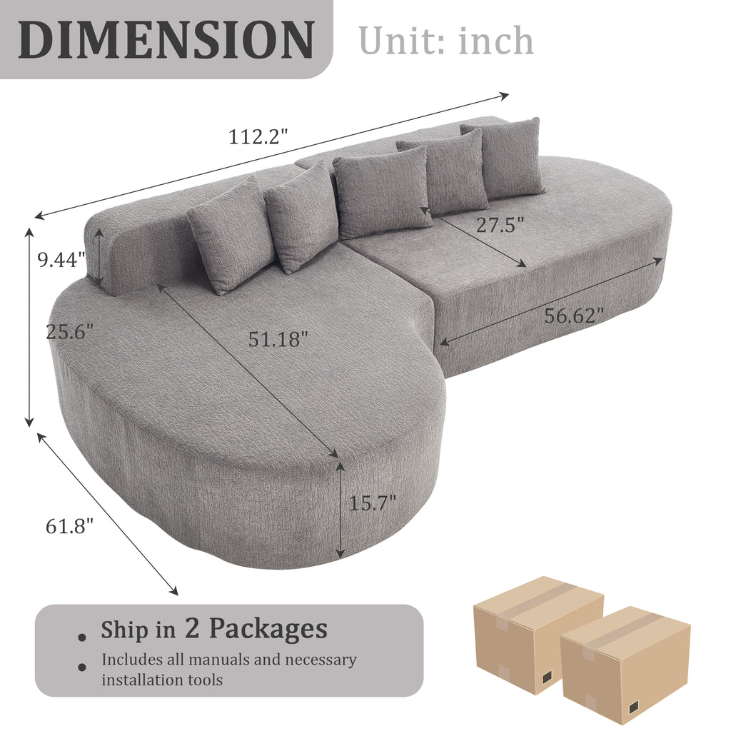 Boneless L-Shape Sectional Curved Sofa with Pillows