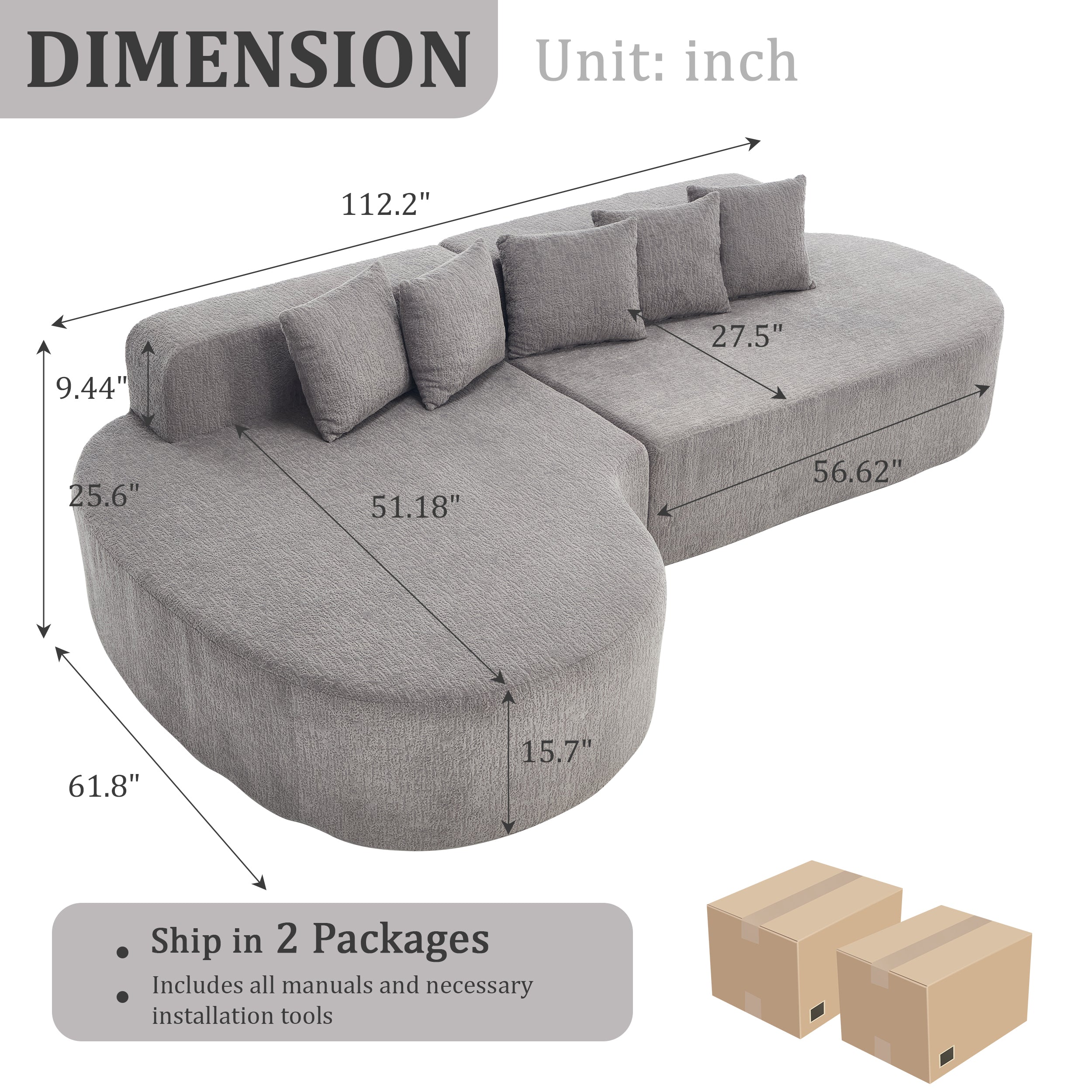 Boneless L-Shape Sectional Curved Sofa with Pillows