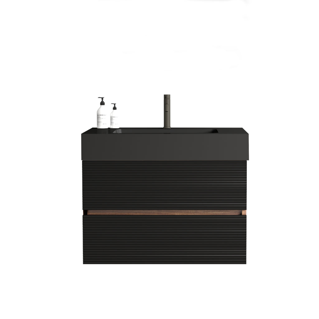 Grace 30-Inch Wall-Mounted Bathroom Vanity, Black and Walnut with Solid Surface Sink