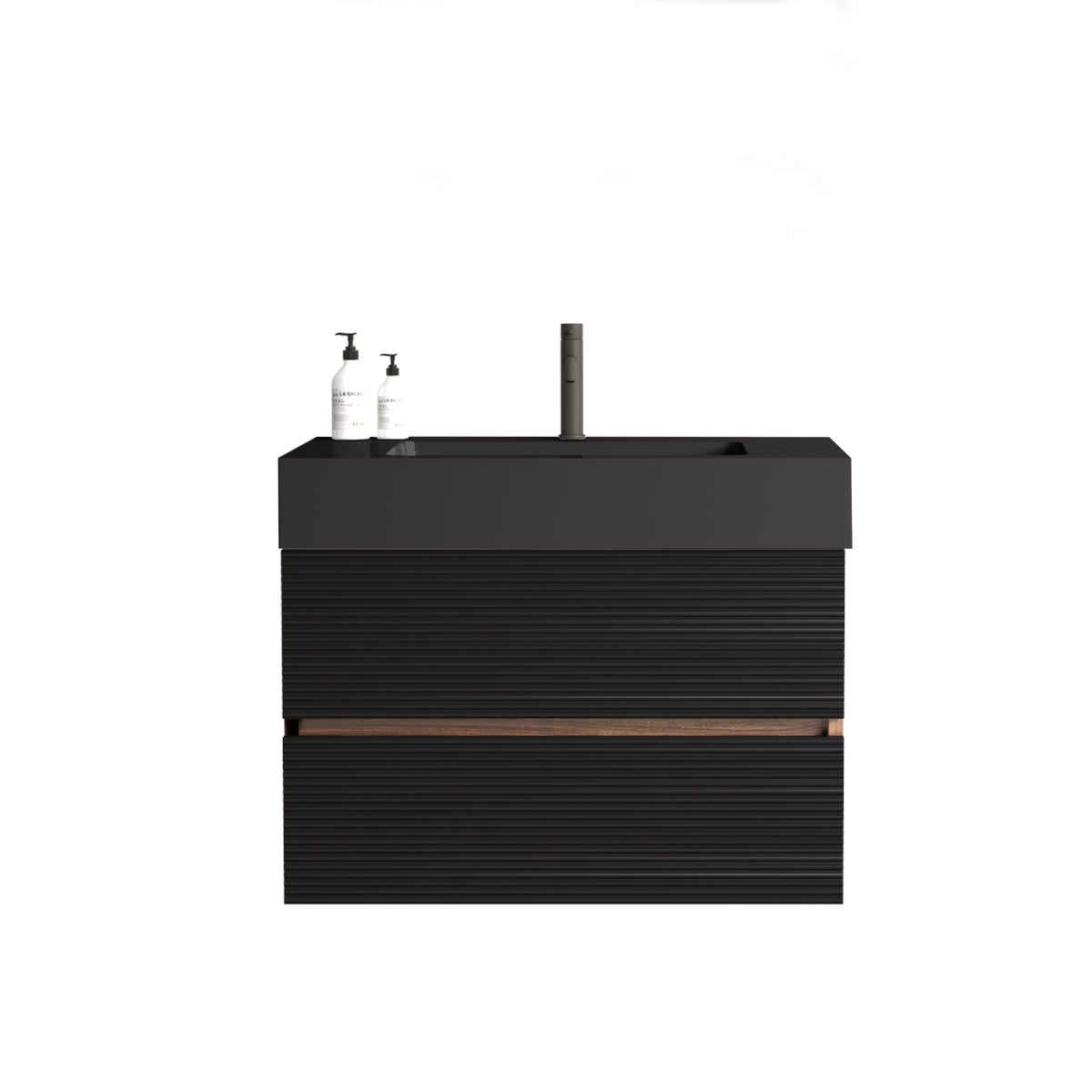 Grace 30-Inch Wall-Mounted Bathroom Vanity, Black and Walnut with Solid Surface Sink