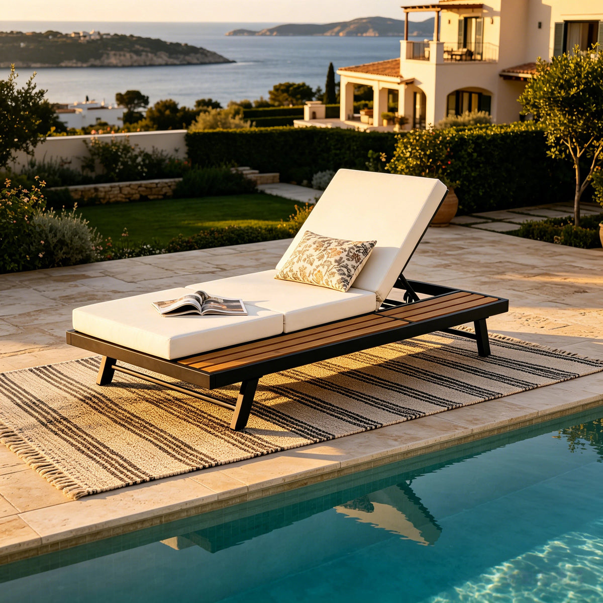 Black Iron + Teak Finish Chaise Lounge Set