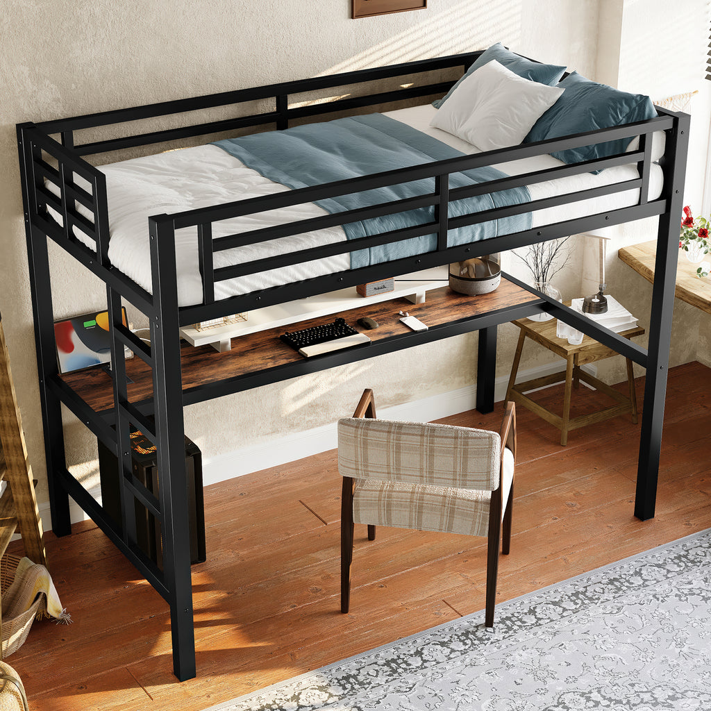 Metal Twin Size Loft Bed with Power Outlet and LED Light