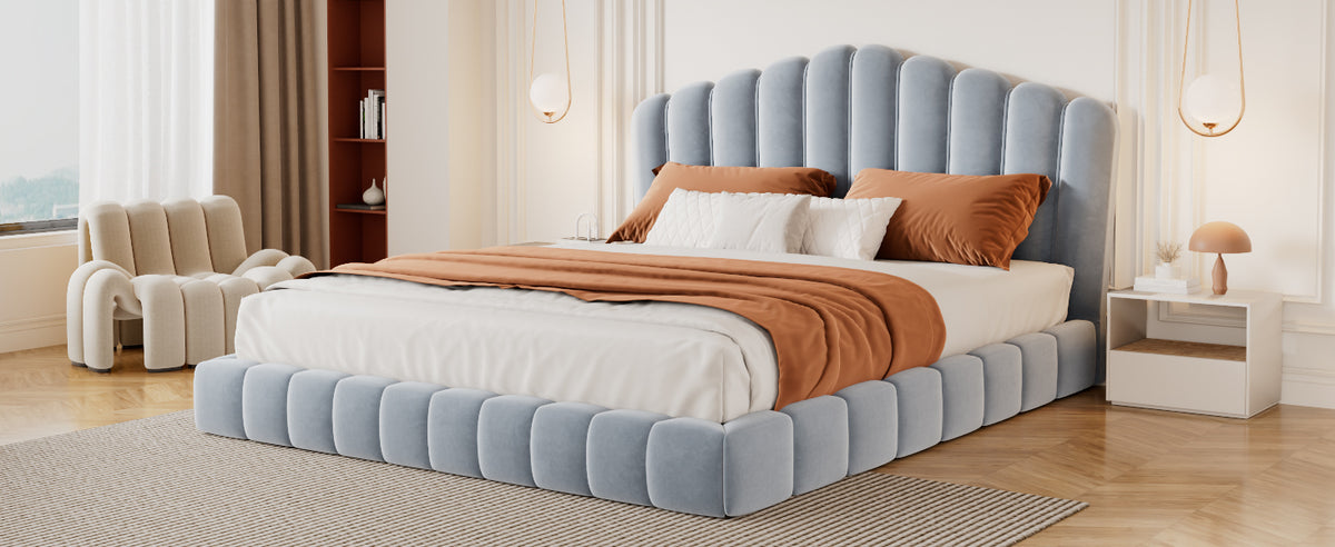 Velvet Upholstered Queen Bed Frame with Shell-Shaped Headboard