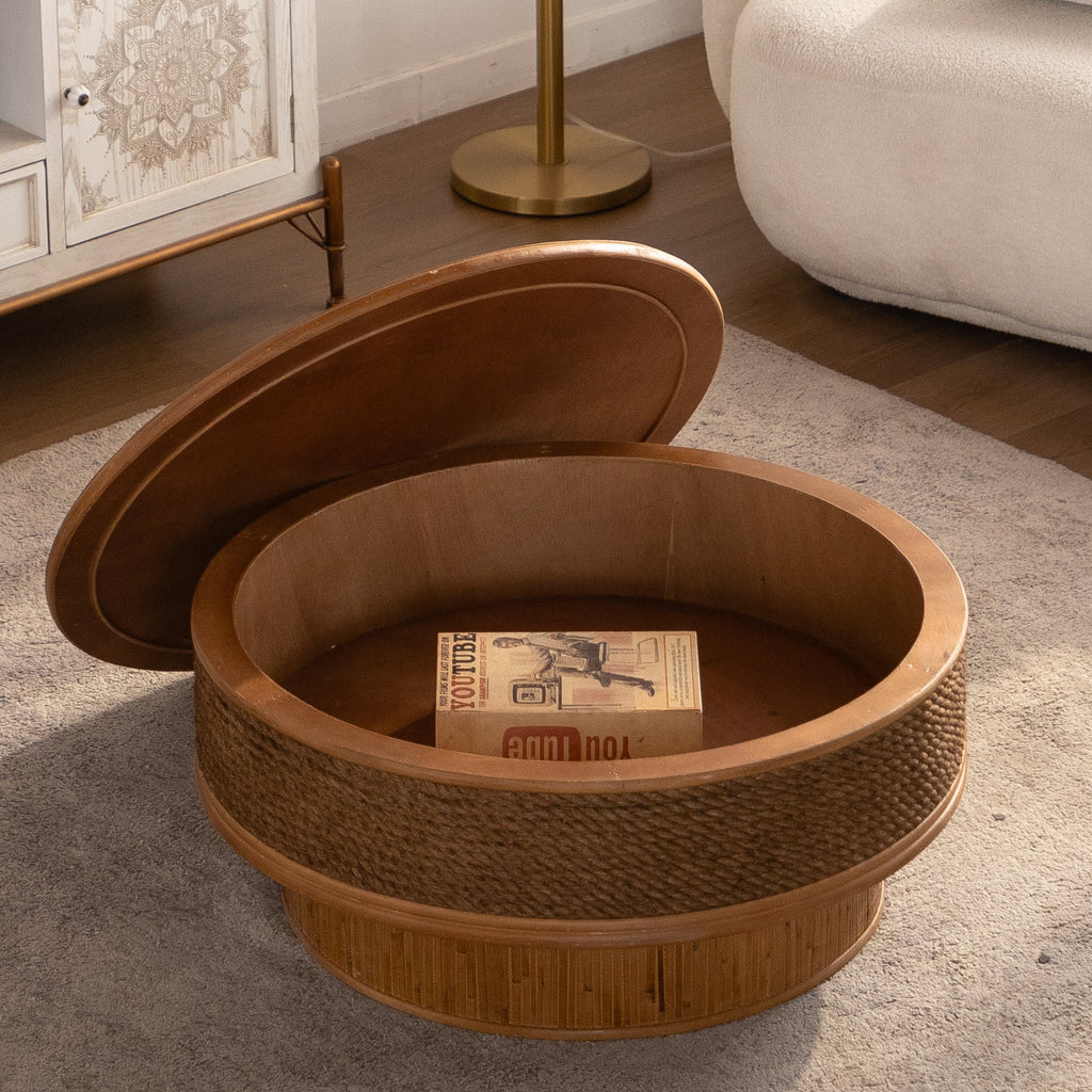 31.5-Inch Round Retro Coffee Table With Flip-Top Cover, Natural