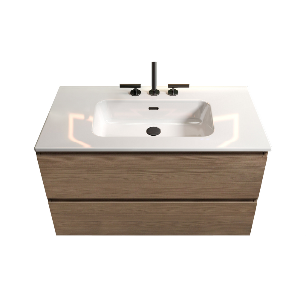 TIA Wall Mount 36" Bathroom Vanity, Walnut Brown, Ceramic Sink