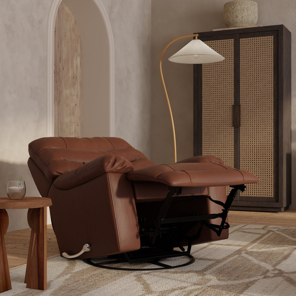 Global Home Swivel Glider Recliner with Manual Footrest In Oslo Pecan