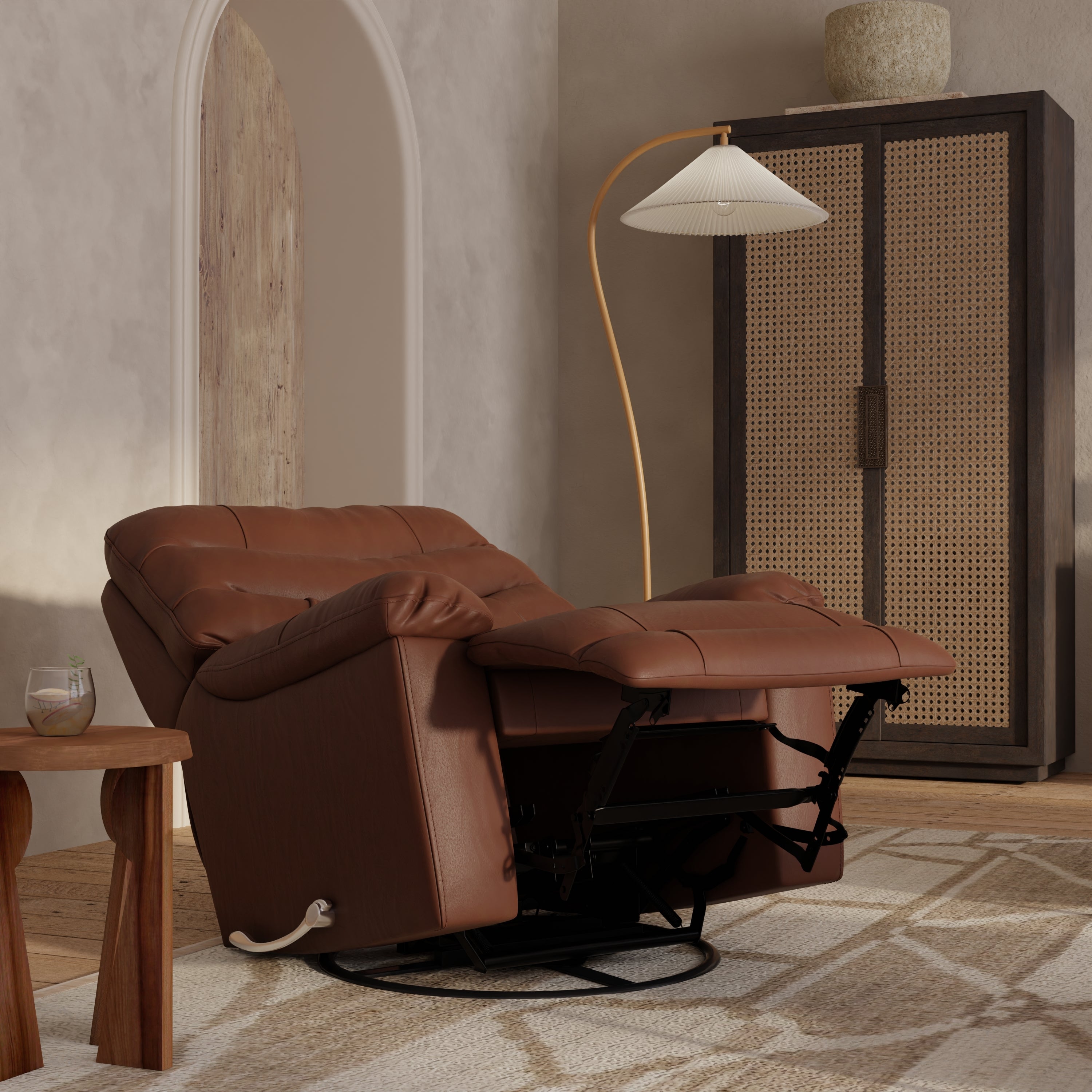 Global Home Swivel Glider Recliner with Manual Footrest In Oslo Pecan