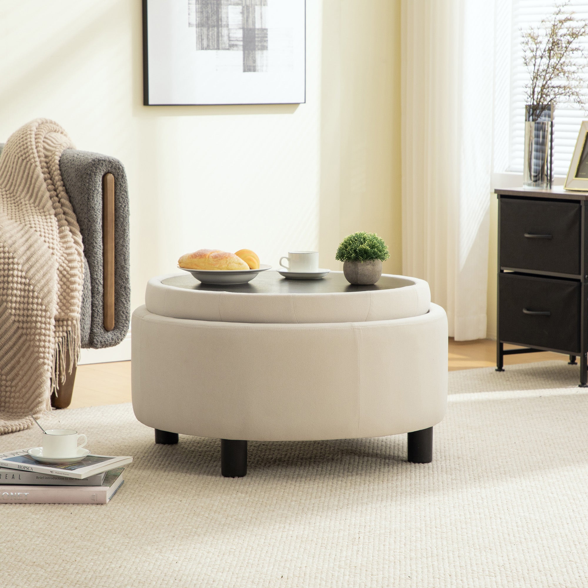 Upholstered Round Ottoman With Reversible Lid