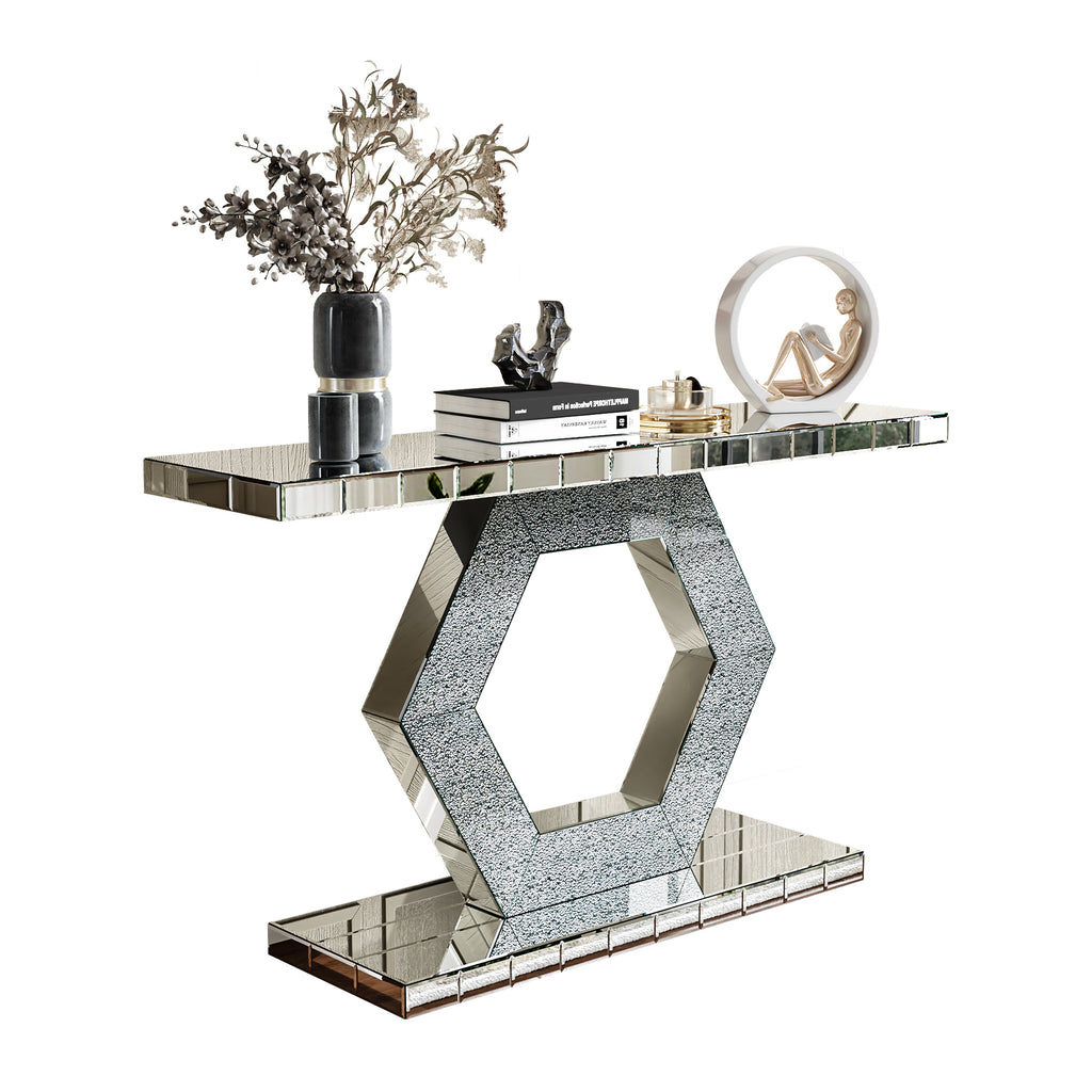 Sparkling Crystal Hexagon Mirror Entryway Console Table