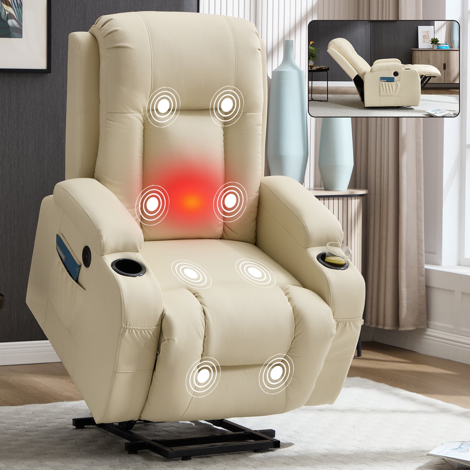 Beige PU Power Lift Recliner Chair for Elderly