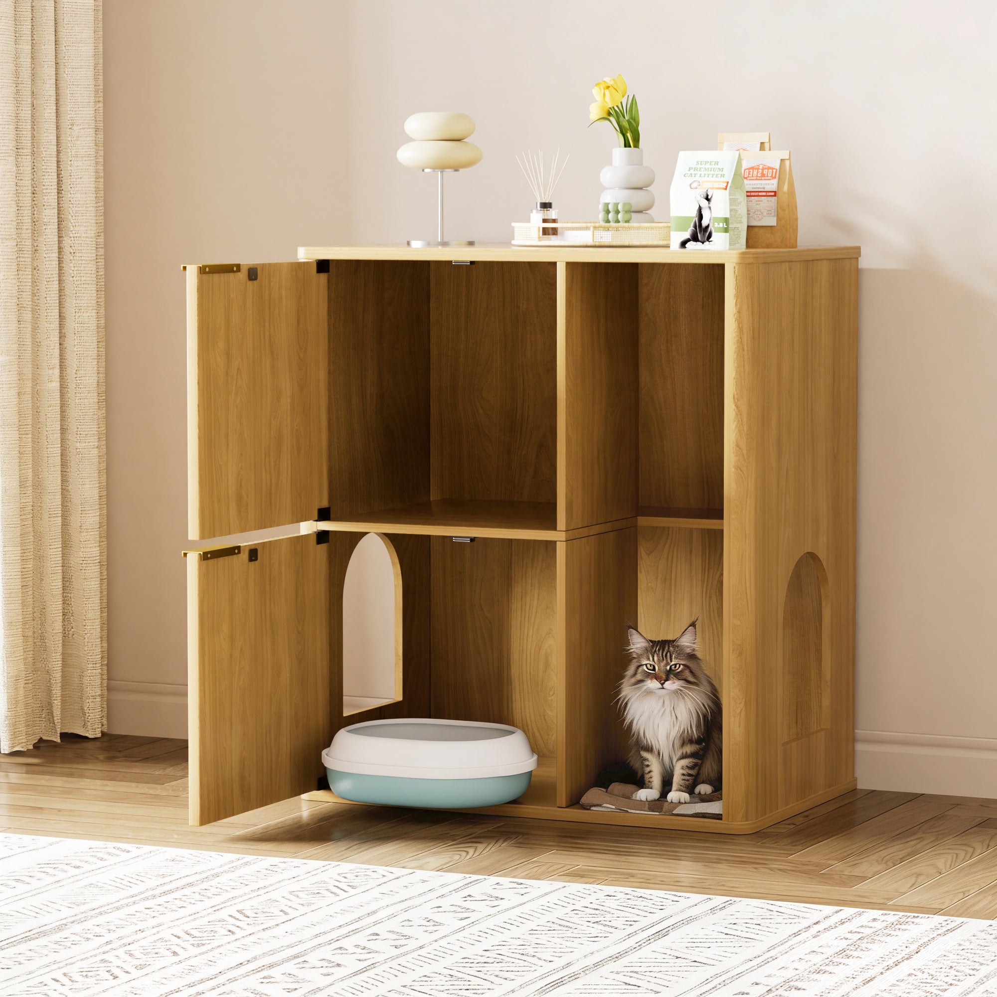 31.5-Inch Light Wood Cat Litter Cabinet with Cat Tree