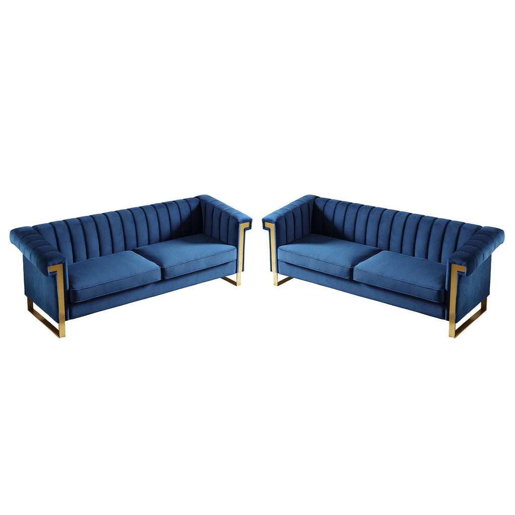 Vintage Blue Velvet 2 Piece Sofa Set
