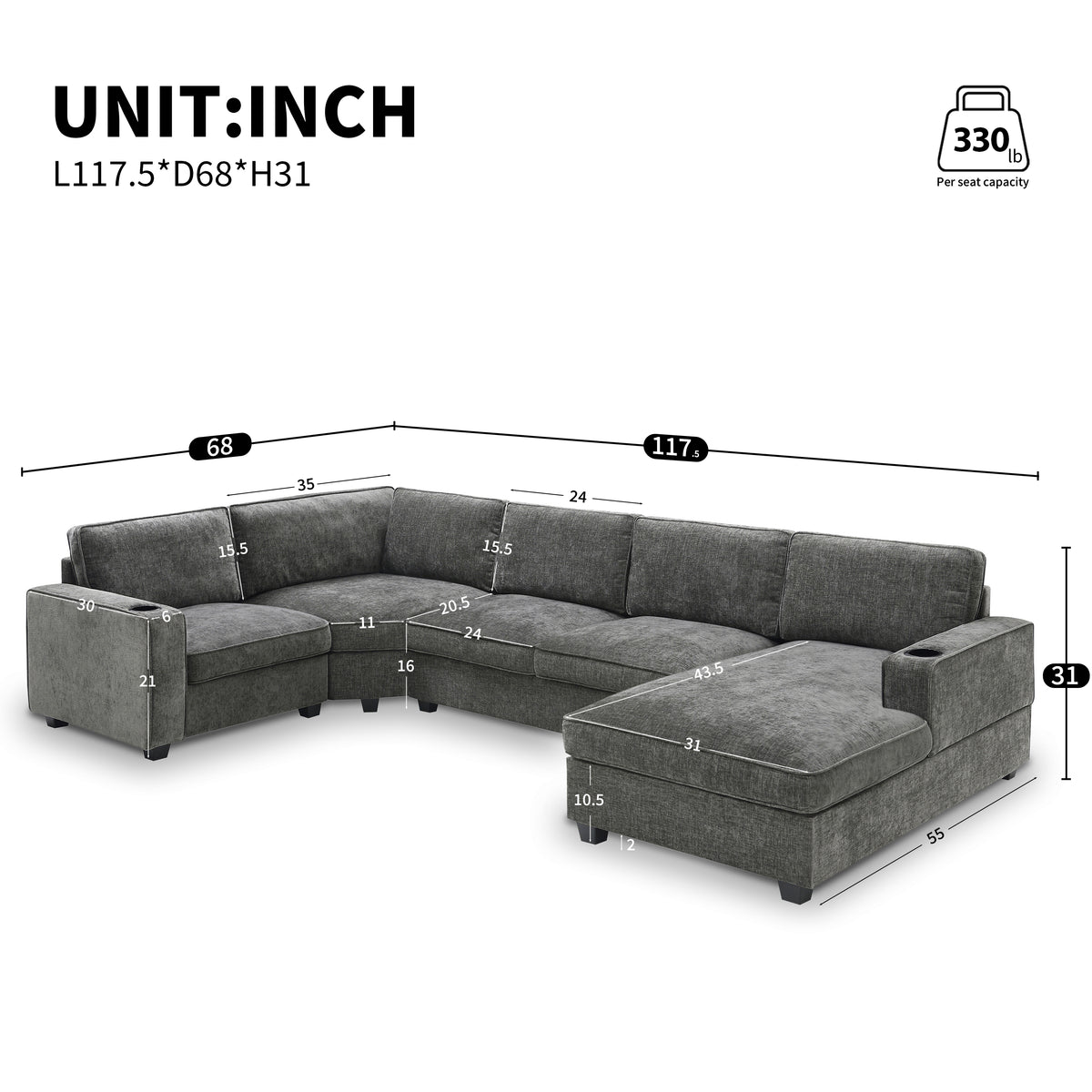 117.5" U-Shaped Sectional Sofa