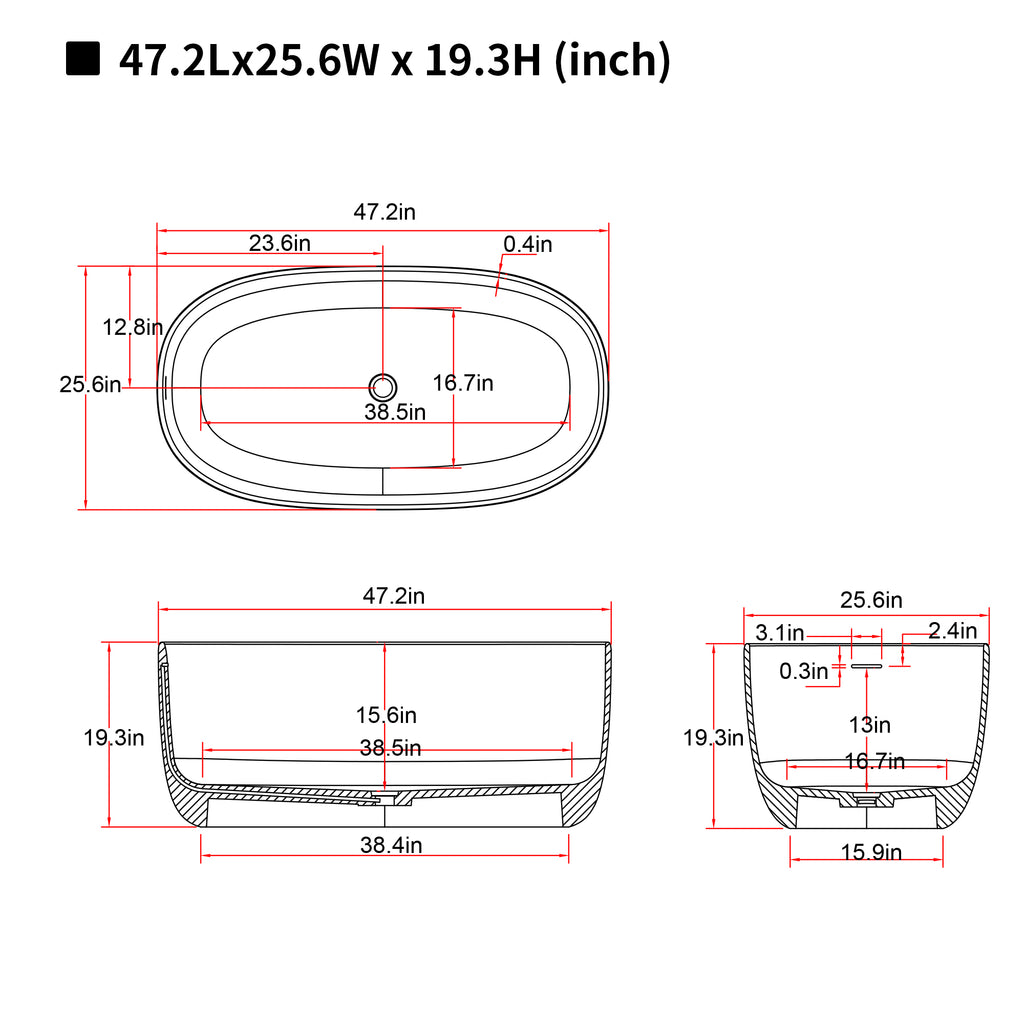 47'' Freestanding Bathtub Resin Stone Soaking Bathtub