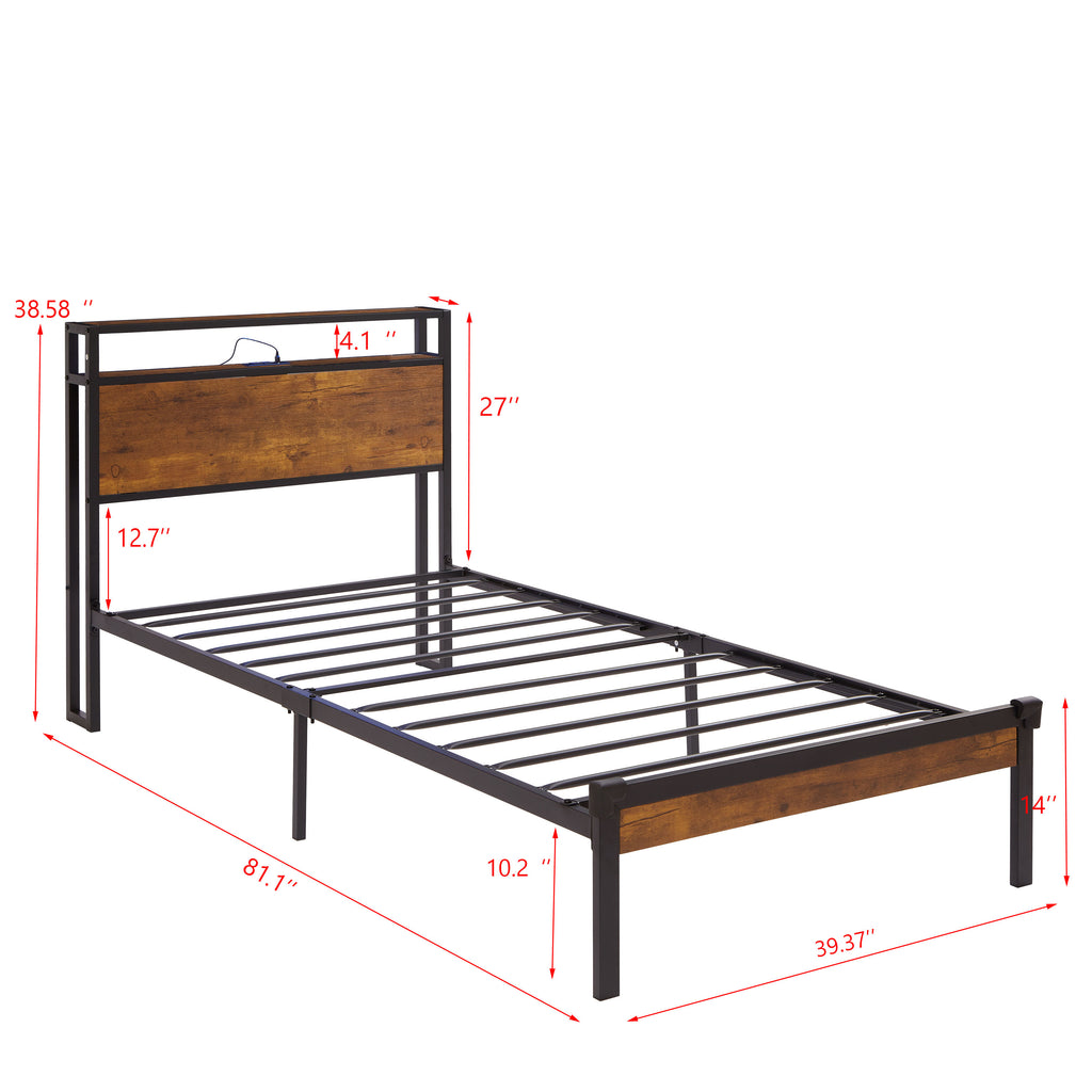Twin Size Metal Platform Bed Frame with Wooden Headboard