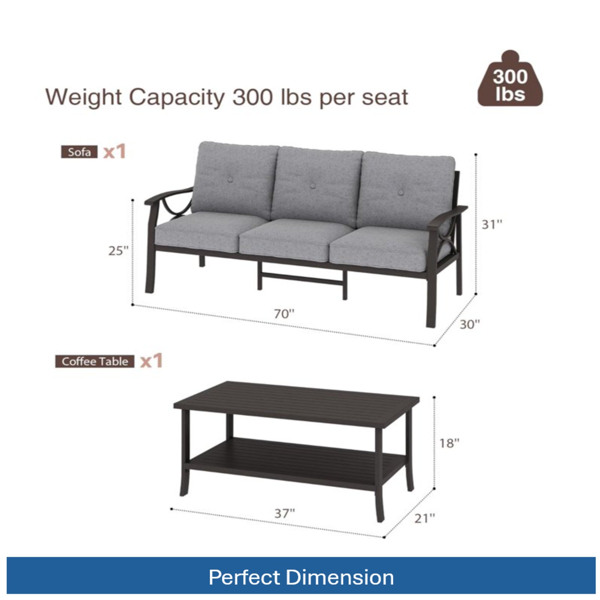 2 Piece Outdoor Patio Set, 70” All-Weather Metal 3-Seat Sofa