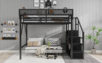 Queen Size Loft Bed with Stairs, Metal Loft Bed with Storage Shelves