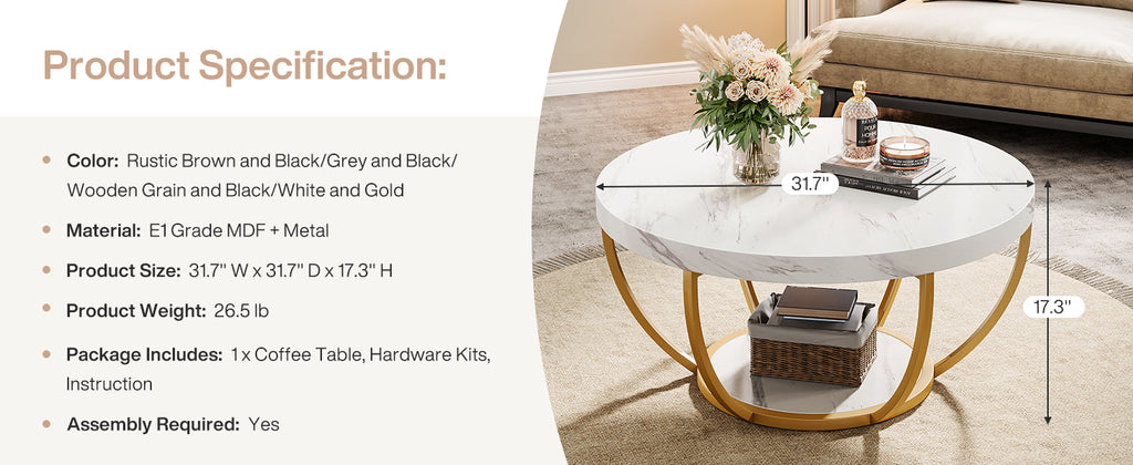 Modern Round Coffee Table - 31.7" 2 Tier Coffee Table