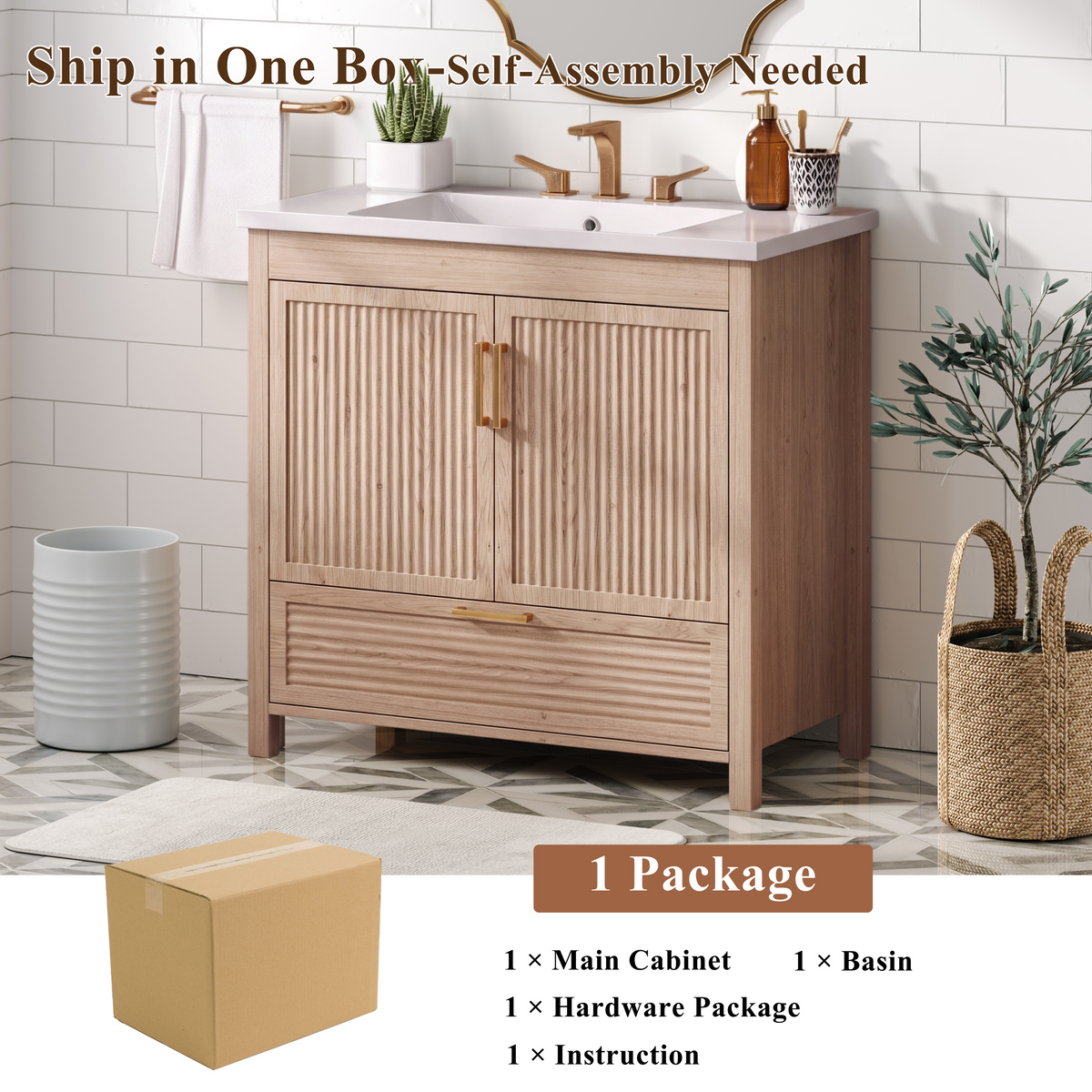 36 Inch Freestanding Bathroom Vanity Cabinet with Sink, 2 Soft Close Doors & Full Extension Drawer, Wave Fluted Panels