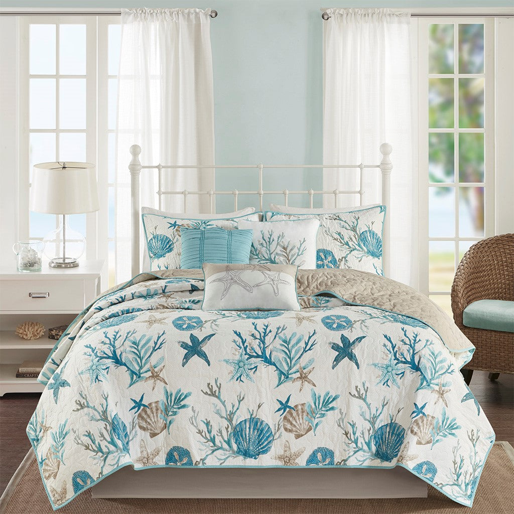 6 Piece Cotton Sateen Quilt Set with Throw Pillows Aqua Full/Queen