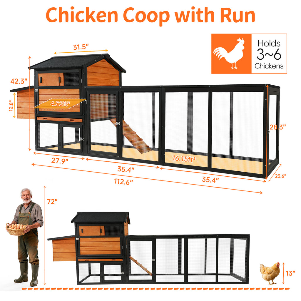 Large Wooden Chicken Coop with Run and Nesting Box