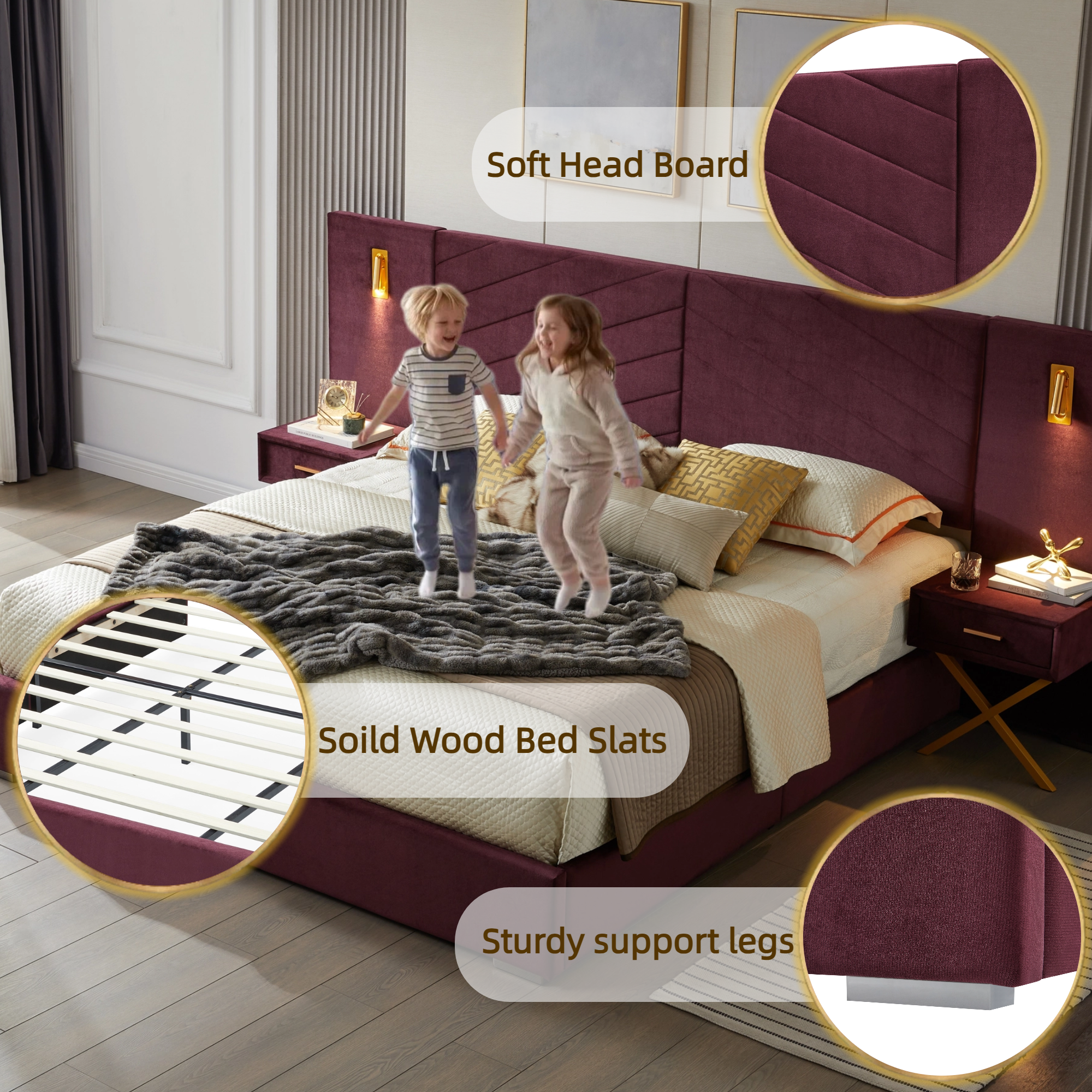 King Size Velvet Bed Frame with Vertical Channel Tufted Wingback Headboard