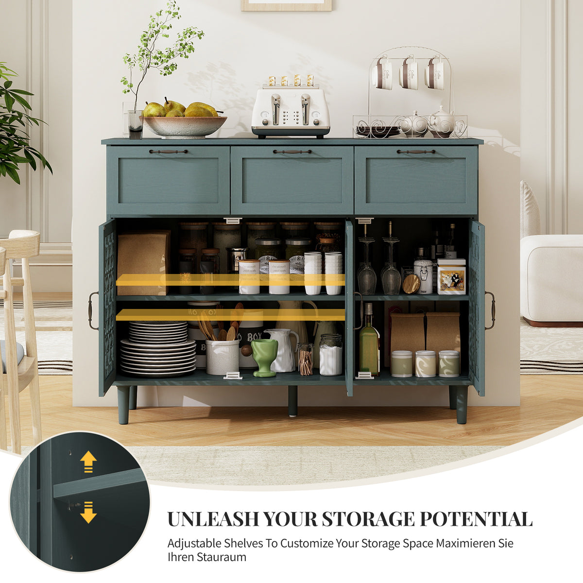 3 Door 3 Drawer Cabinet, Dark Green, 47-Inch Wide