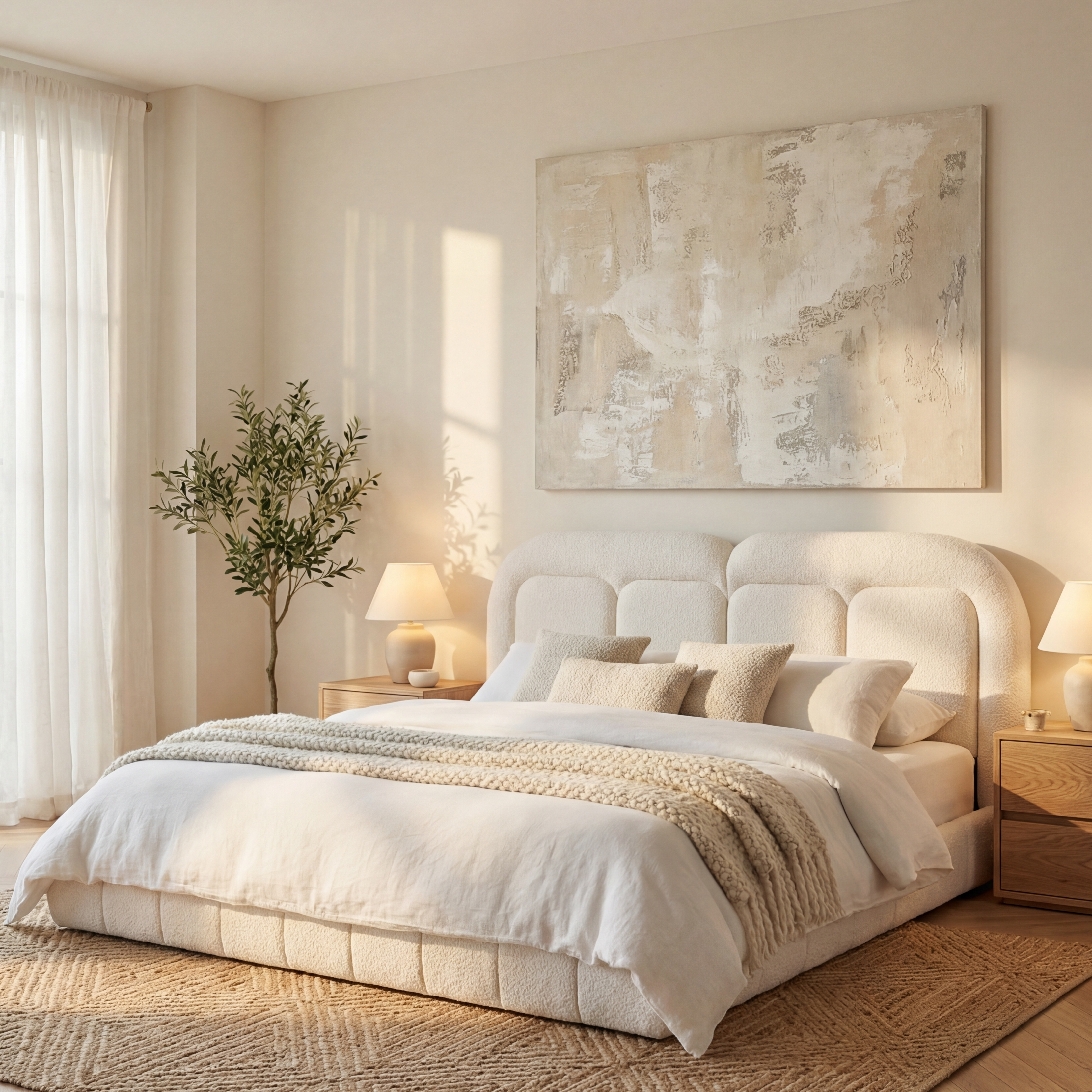 King Size Boucle Upholstered Platform Bed with Tufted Headboard
