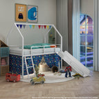Jack Metal Junior House Twin Loft Bed with Slide and Curtain Set