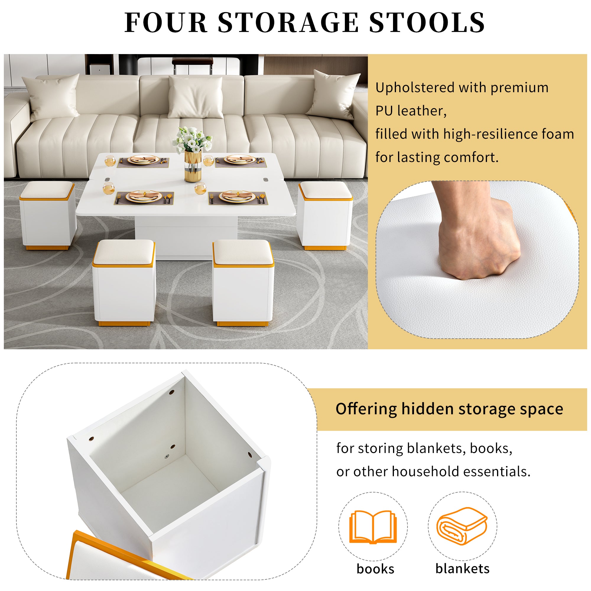 Vibe Haus Lift-Top Coffee Table with Storage Stools