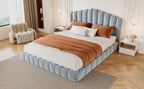 Velvet Upholstered Queen Bed Frame with Shell-Shaped Headboard