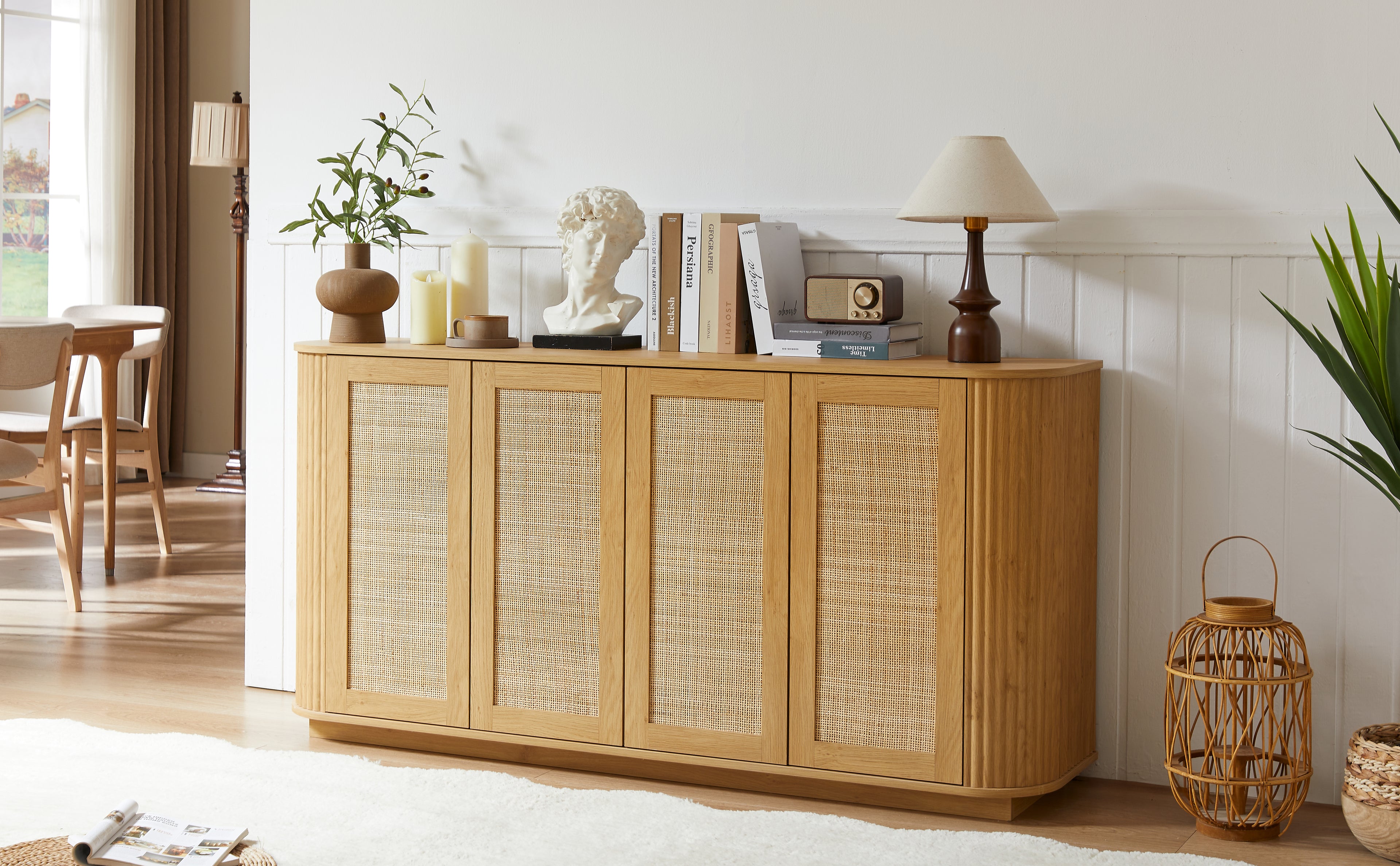 64-Inch Wave Shaped TV Stand with Rattan Doors