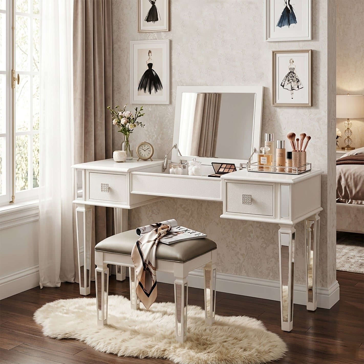 Mirrored Vanities Desk with Drawers, Mirror, and Stool Set