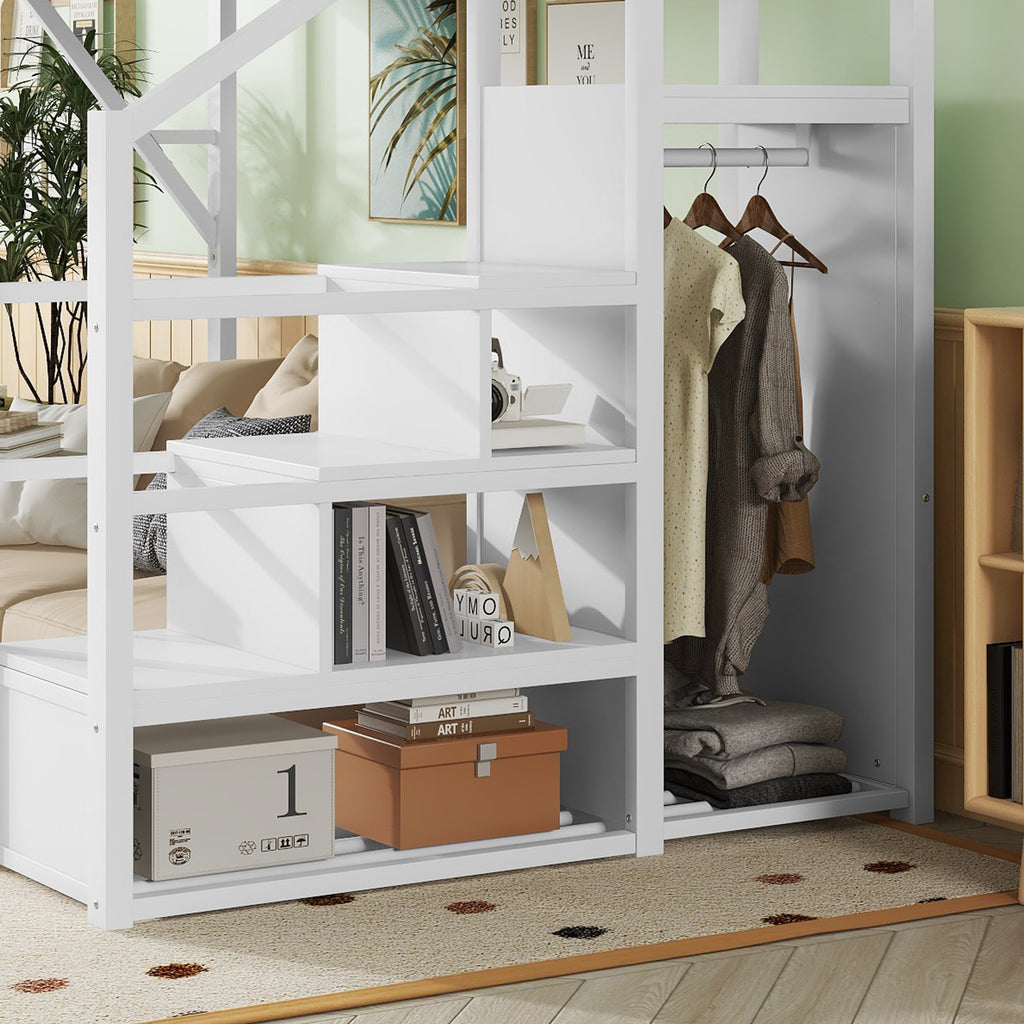 Queen Size Loft Bed with Stairs and Storage Shelves