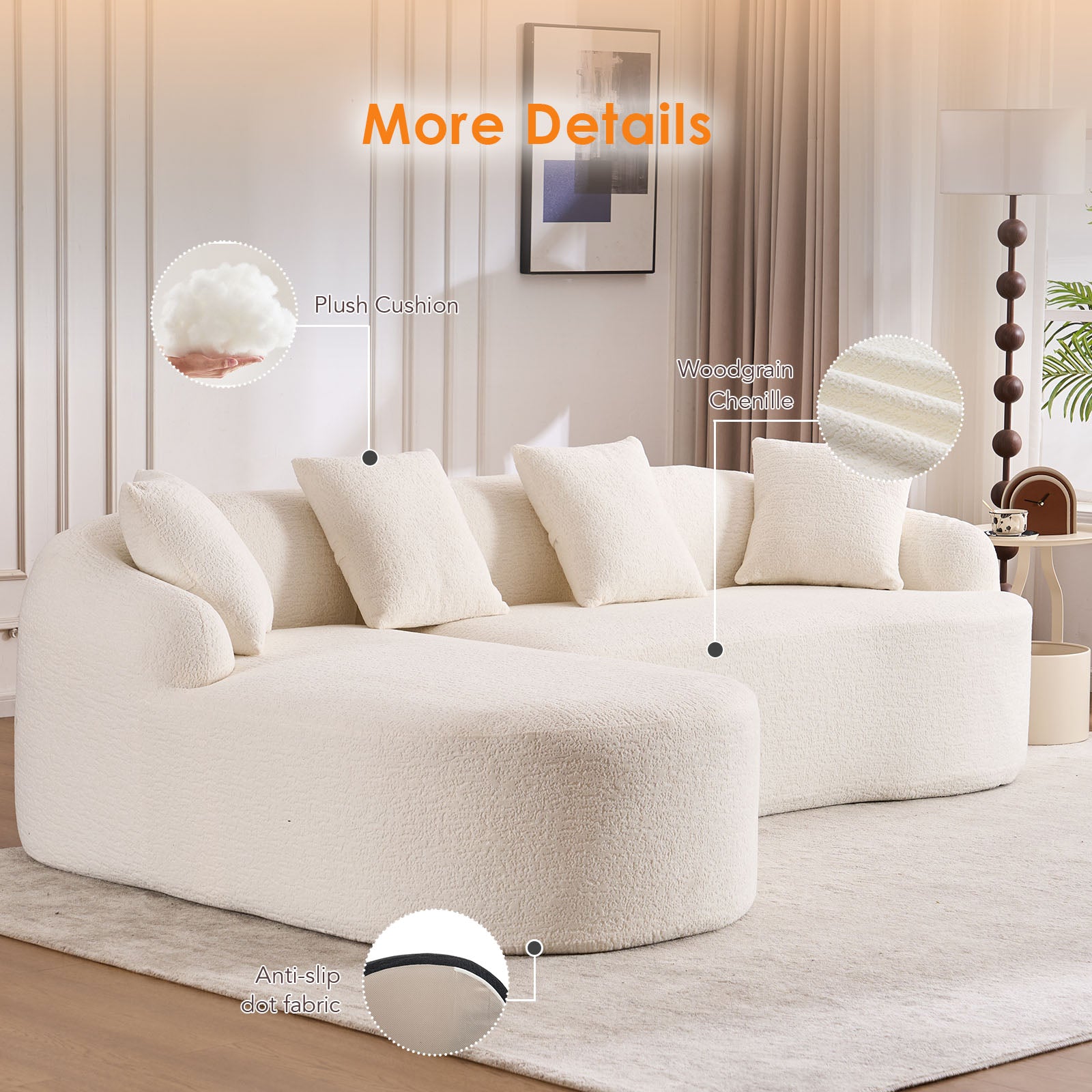 Boneless L-Shape Sectional Sofa with Curved Chaise